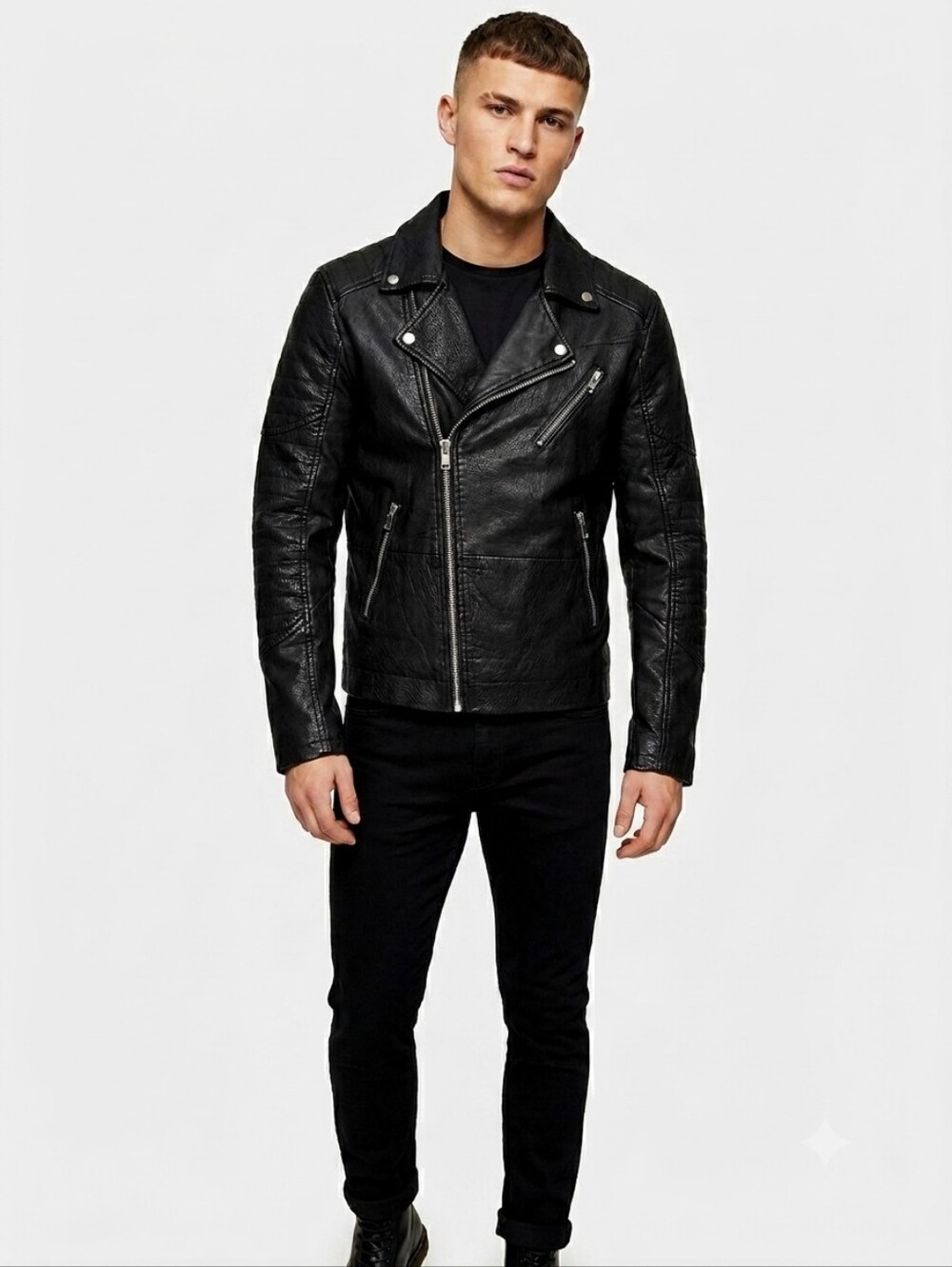 Topman Real Leather Biker Jacket in black. Mens Small. 20ptp